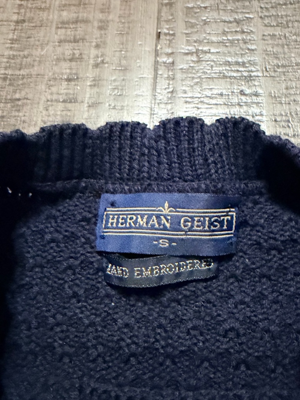Crewneck Navy Textured Knit Sweater with Floral Pocket - Picture 4 of 9